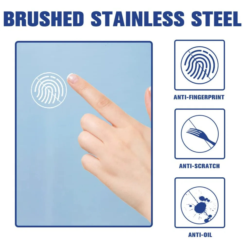 A close-up of a brushed stainless steel surface showing anti-fingerprint, anti-scratch, and anti-oil features.