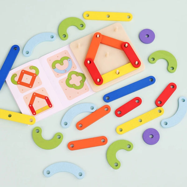 A colorful wooden geoboard shape building set featuring various colored wooden pieces and a pink board.
