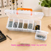 A transparent multi-compartment hardware storage box with an orange lid, showing various small tools and hardware items.