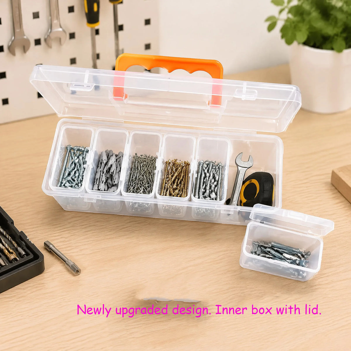 A transparent multi-compartment hardware storage box with an orange lid, showing various small tools and hardware items.