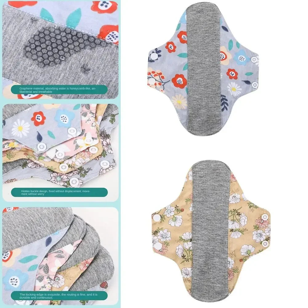 Reusable cotton menstrual pads in various floral patterns and solid colors