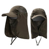 A dark olive green UPF 50+ breathable wide brim sun hat shown folded and open.
