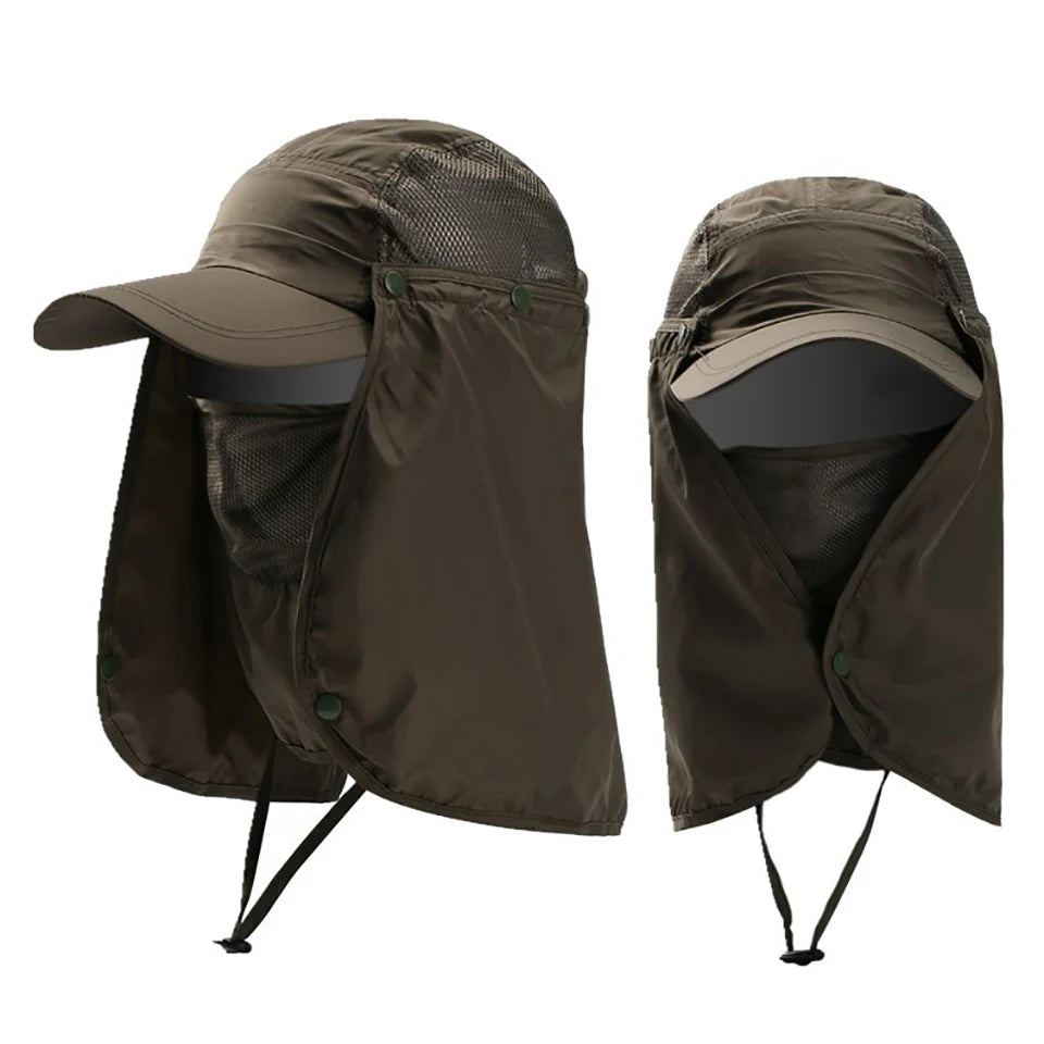 A dark olive green UPF 50+ breathable wide brim sun hat shown folded and open.