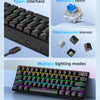 A compact 60% wired mechanical gaming keyboard with multiple lighting modes and interchangeable keycaps.