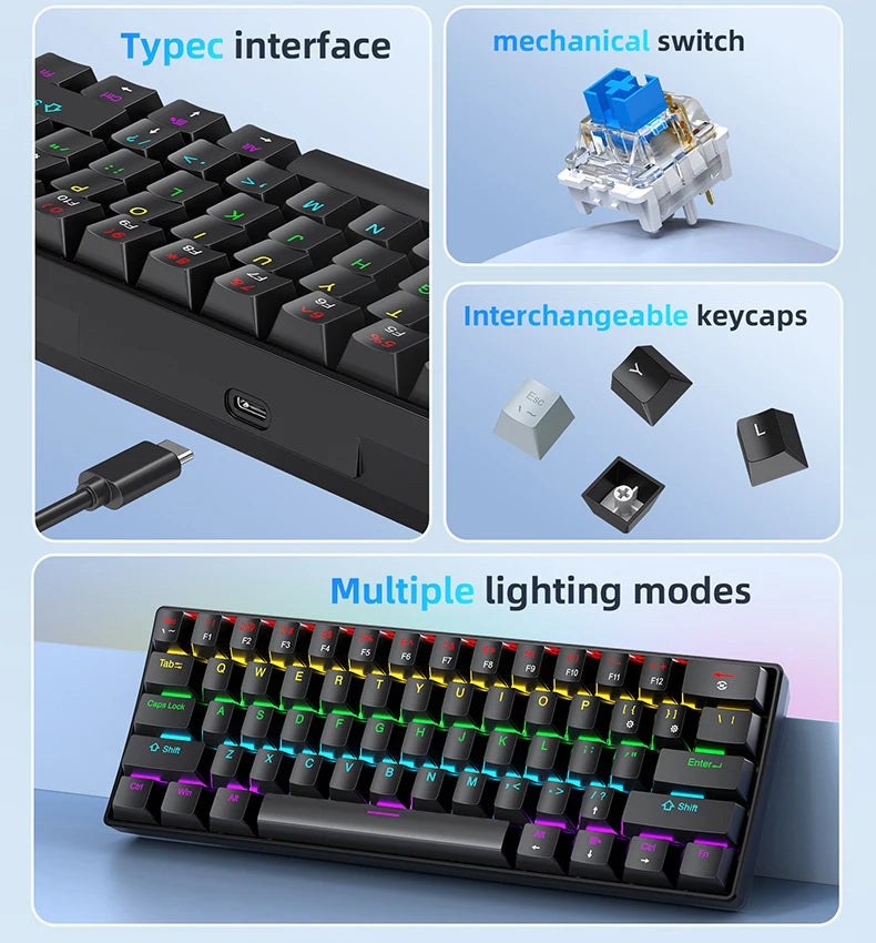 A compact 60% wired mechanical gaming keyboard with multiple lighting modes and interchangeable keycaps.