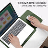 A hand is using a white mouse on a laptop, which is placed inside a green PU leather sleeve.