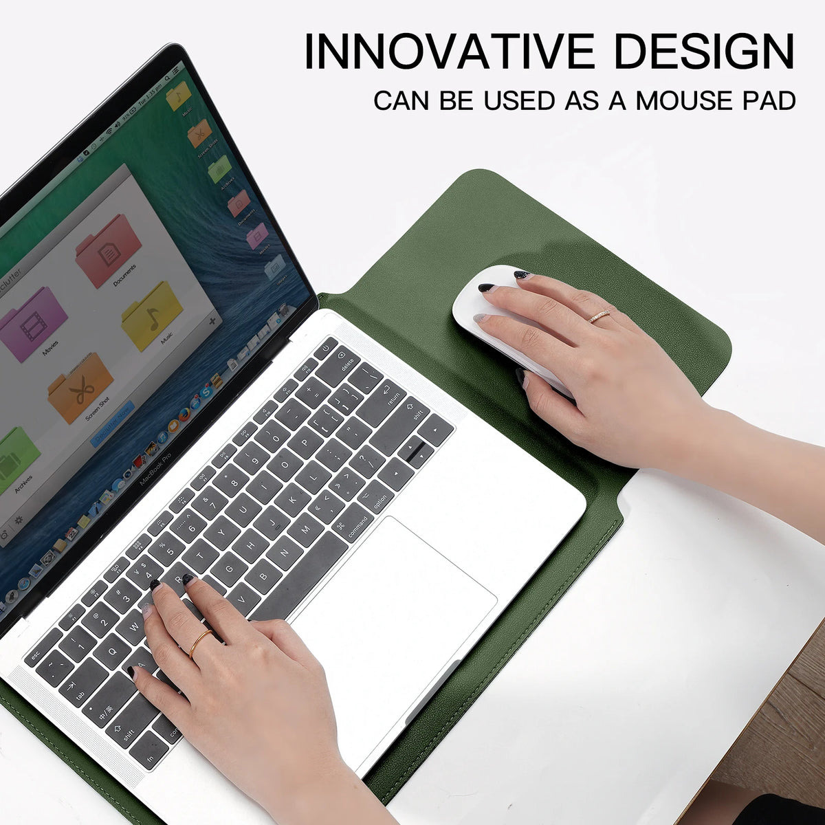 A hand is using a white mouse on a laptop, which is placed inside a green PU leather sleeve.