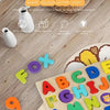 Wooden alphabet and number puzzle with geometric shapes for toddlers showing letters and numbers