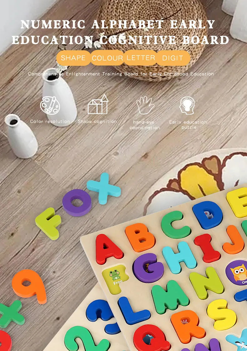 Wooden alphabet and number puzzle with geometric shapes for toddlers showing letters and numbers