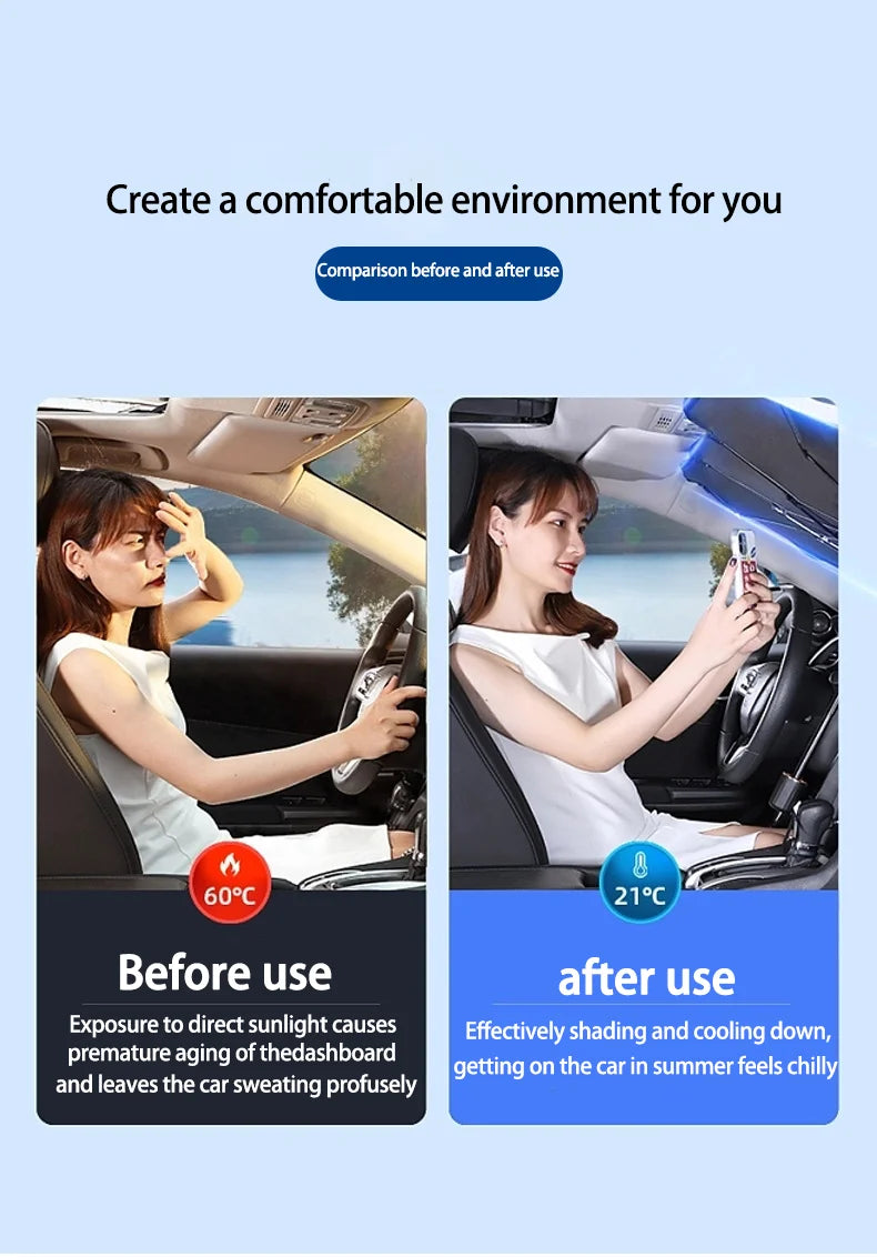 Comparison showing a car interior before and after using a sun shade for cooling and shading.