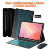 Black mechanical keyboard, mouse, and laptop case with blue backlight shown next to a tablet.