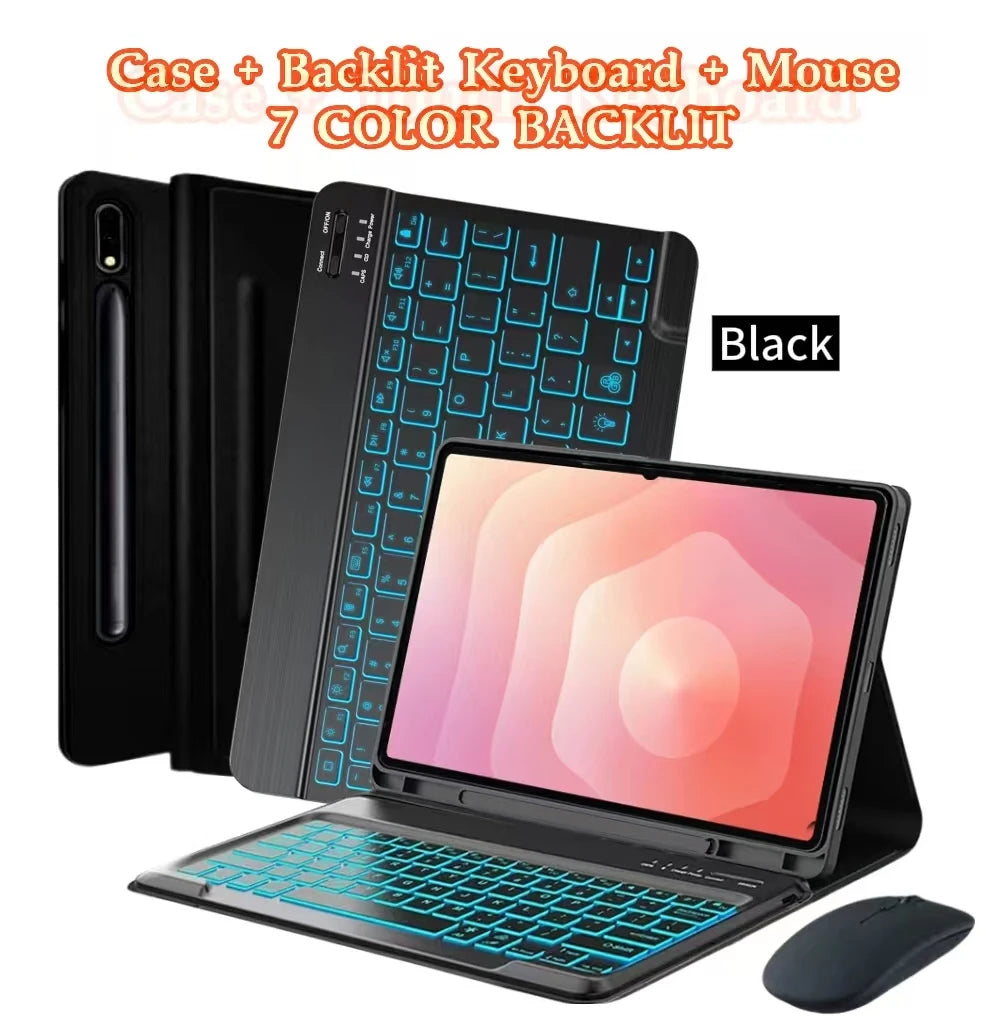 Black mechanical keyboard, mouse, and laptop case with blue backlight shown next to a tablet.