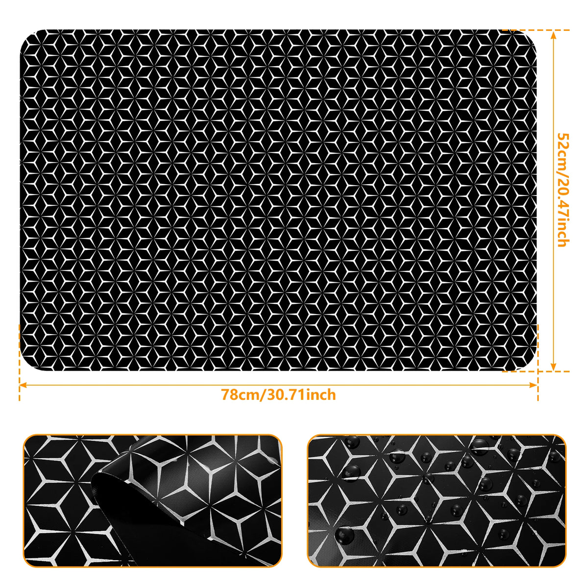 Black silicone stove top protector mat with a geometric pattern shown from the top and close-up views