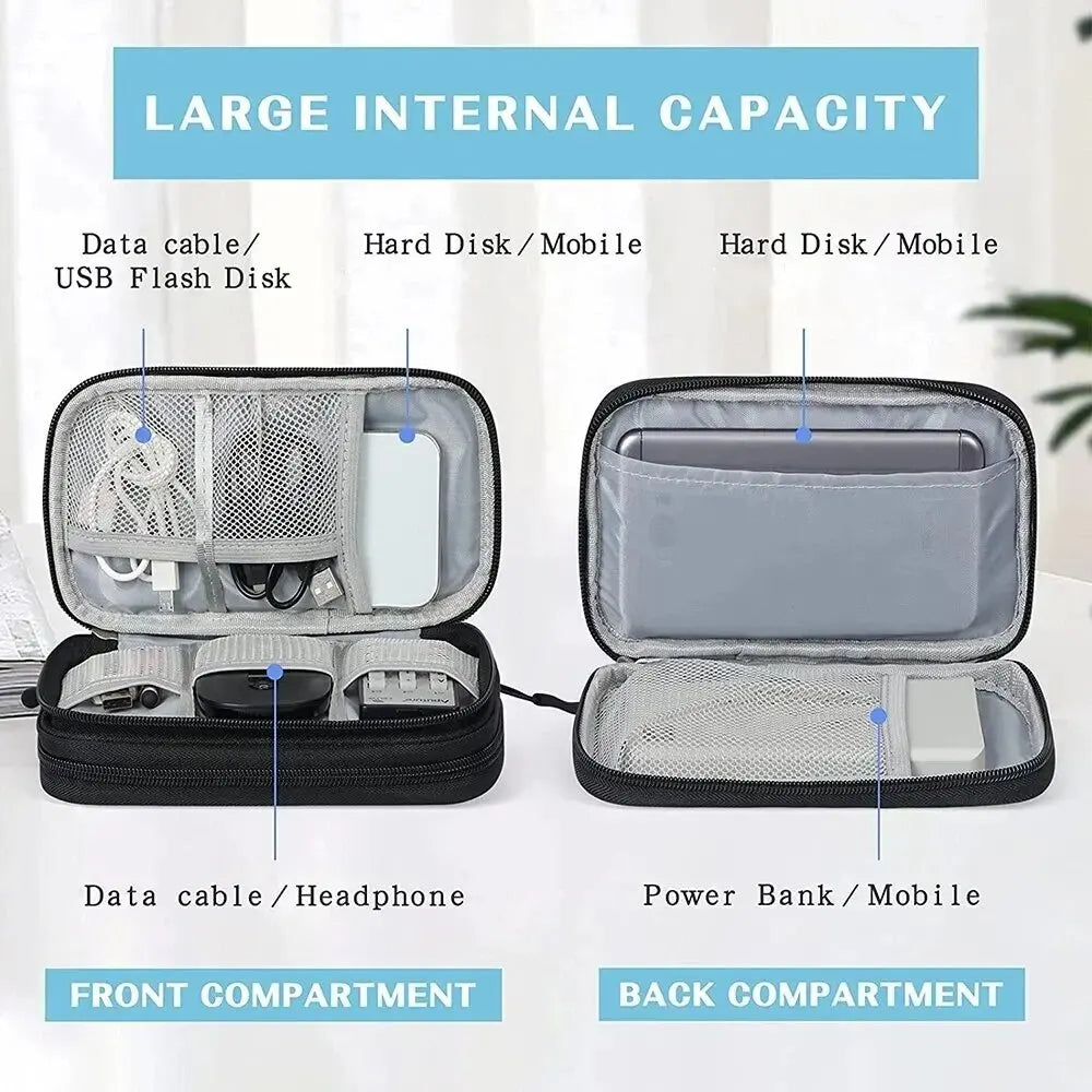 A portable double-layer organizer case showing front and back compartments for storing data cables, headphones, and power ban