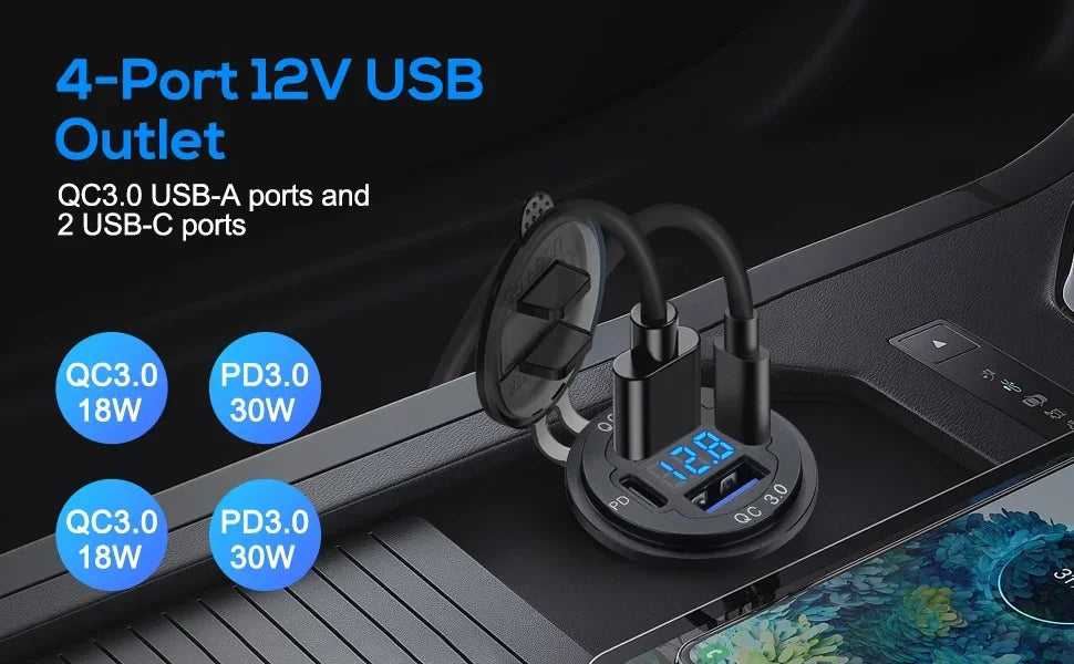 A close-up of a 4-port 12V USB outlet car charger with multiple ports and an LED display.