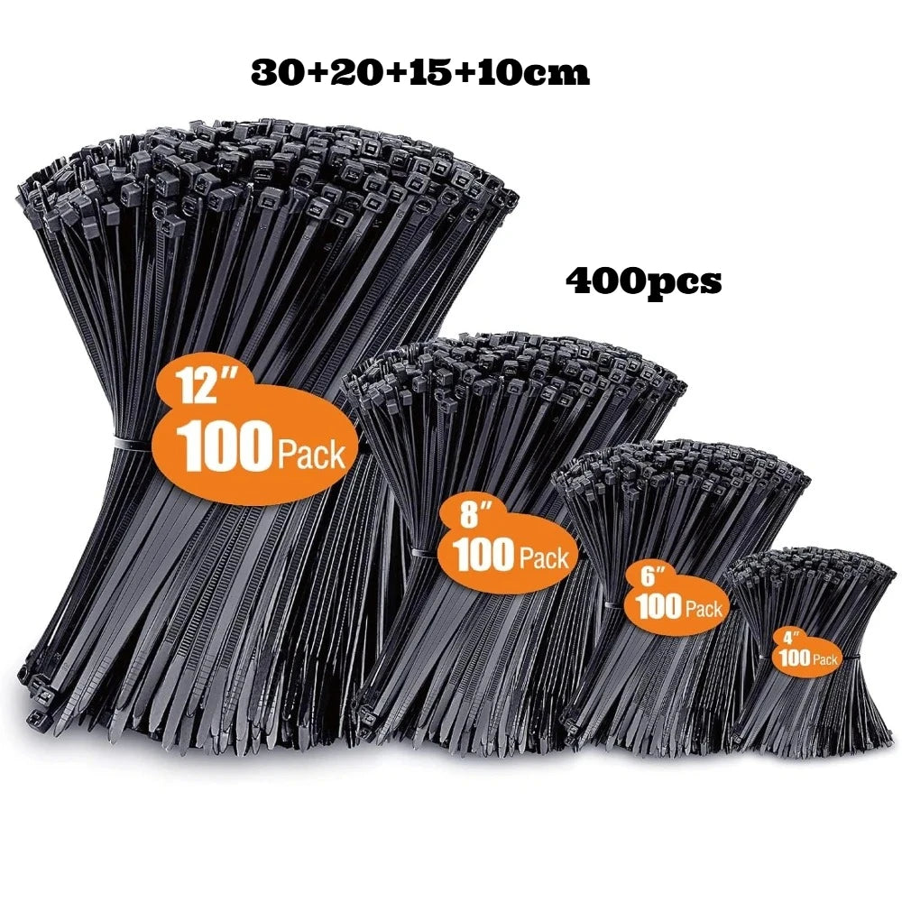 A pile of assorted black nylon cable ties in various lengths, including 4-inch, 6-inch, 8-inch, 10-inch, and 12-inch sizes.