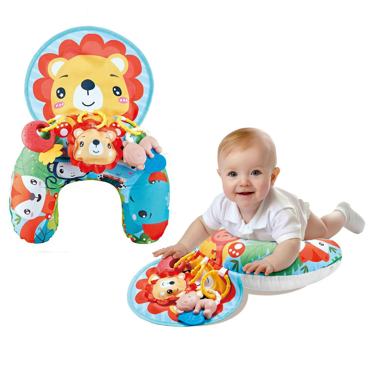 A colorful high contrast tummy time pillow featuring lion and bear faces for babies.
