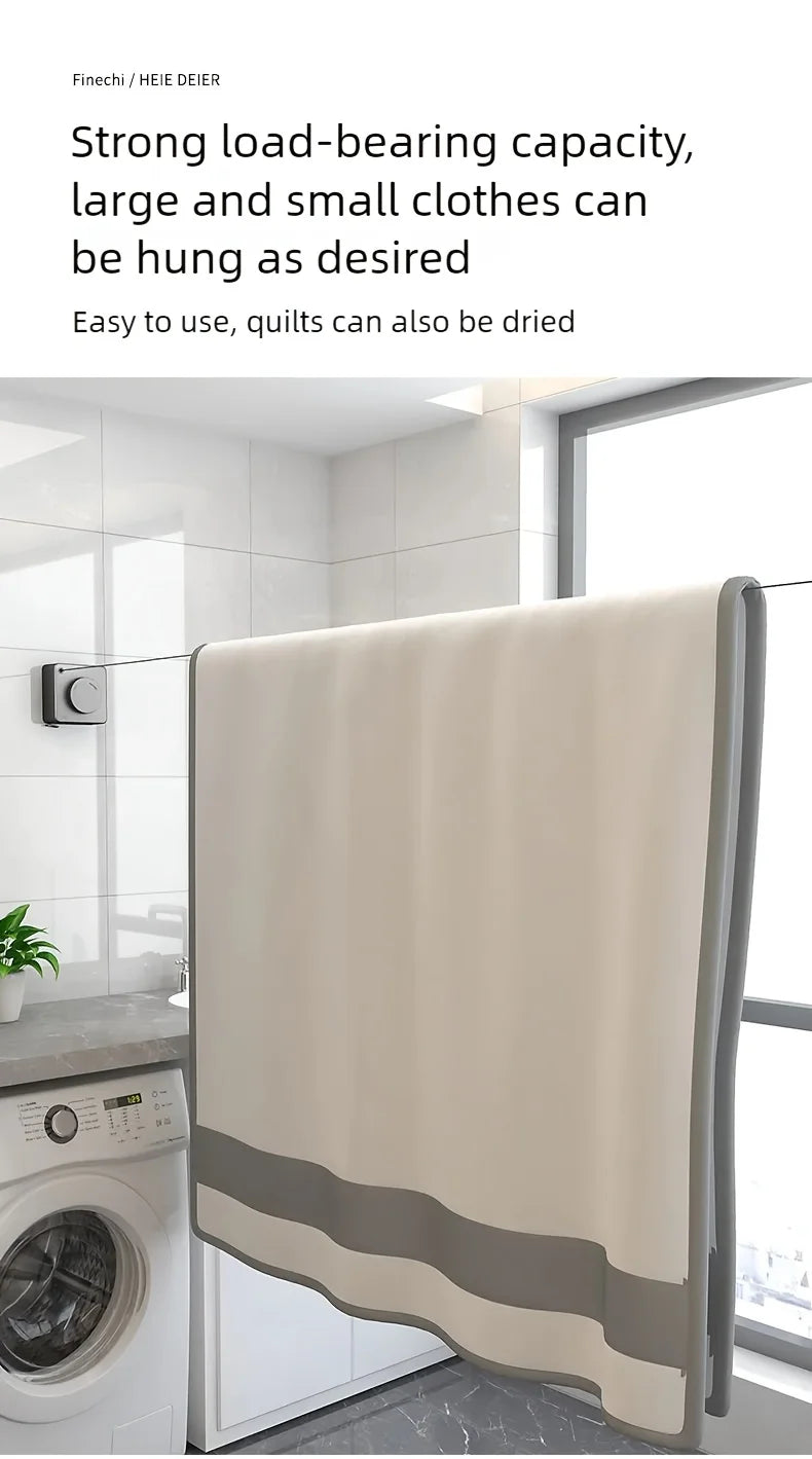 A beige retractable clothesline is shown hanging in a modern bathroom, next to a washing machine.
