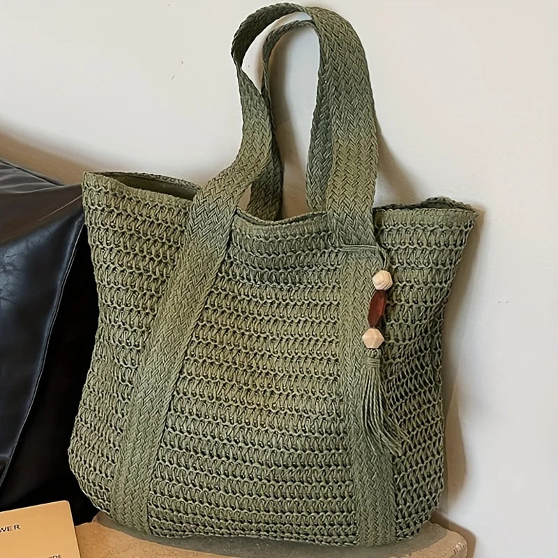 Natural Straw Woven Tote Bag with Tassel