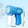 A blue bubble gun with a clear liquid tank is shown against a light blue background.