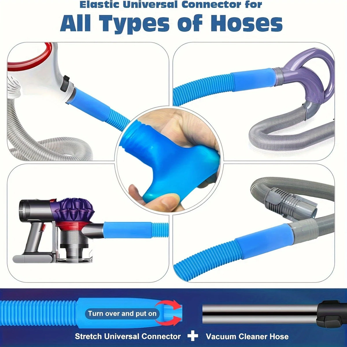 Elastic universal connector for hoses, showing various hose types and a vacuum cleaner hose.