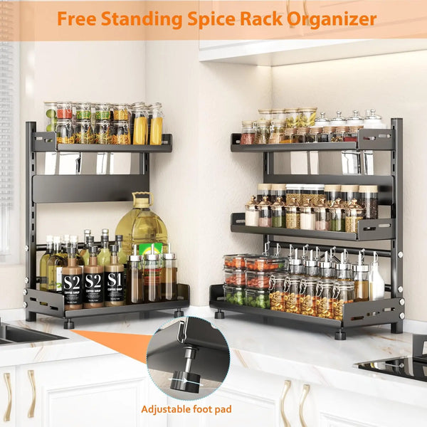 Schwarzes Spices-Regal mit verstellbaren Füßen und Glasbehältern zum Küchenaufbewahren