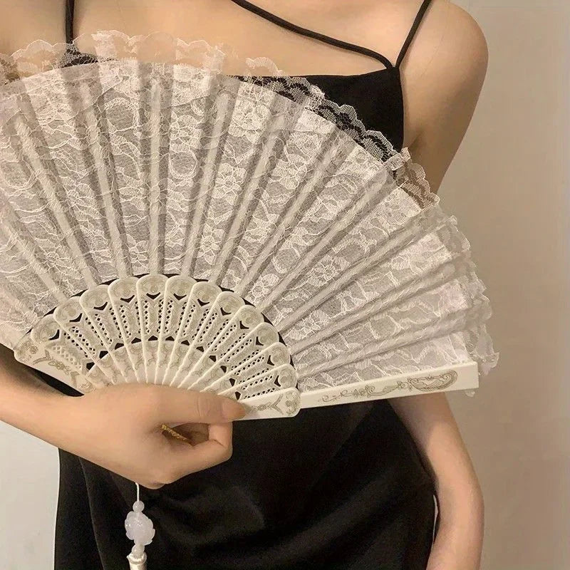Elegant Lace Fabric Hand Fan with Floral Design