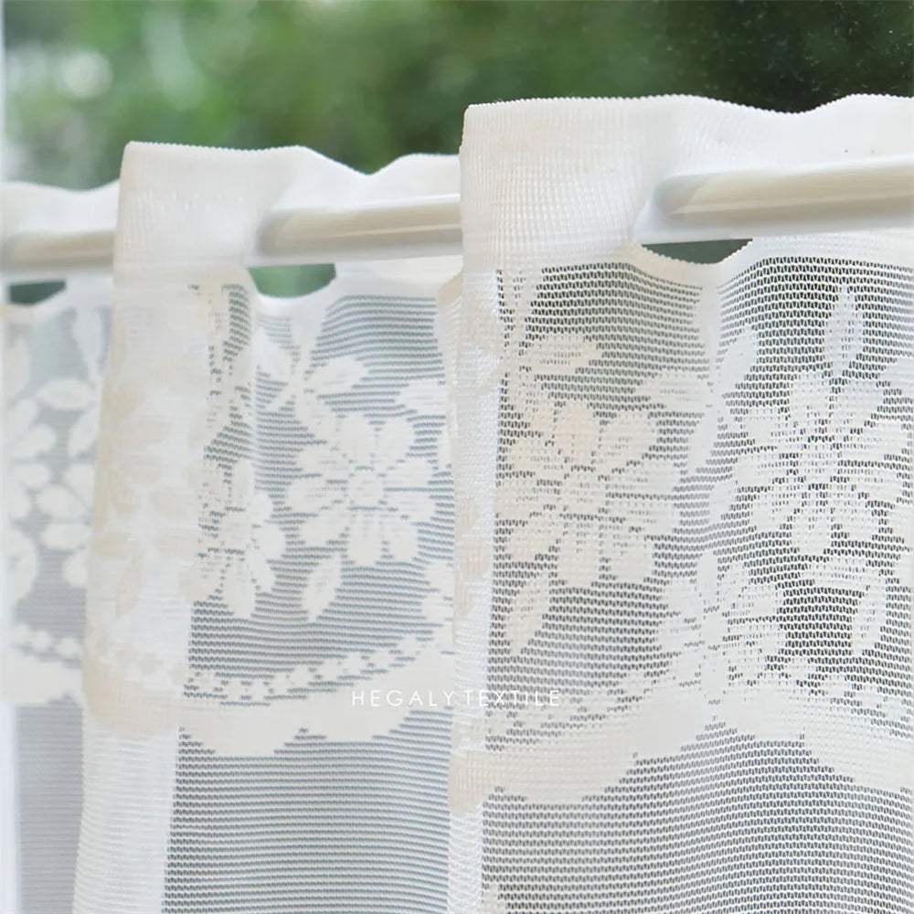 White Sheer Lace Curtain Valance with Floral Jacquard Pattern
