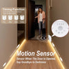LED motion sensor light strip with chasing effect illuminating a hallway floor