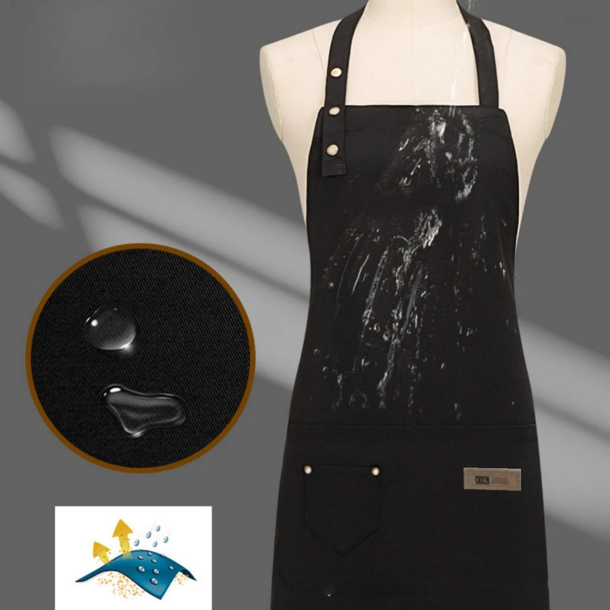 Black durable canvas kitchen apron displayed on a mannequin with a circular graphic showing fabric texture and a small illust