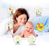 A woman is interacting with a baby while various developmental skills are highlighted by circular graphics.