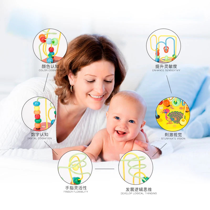 A woman is interacting with a baby while various developmental skills are highlighted by circular graphics.