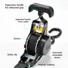 Close-up view of a black retractable ratchet tie-down strap with an ergonomic handle and safety clip.