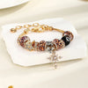 Leopard Cross & Black Beaded Bracelet with Sparkling Crystal Accents
