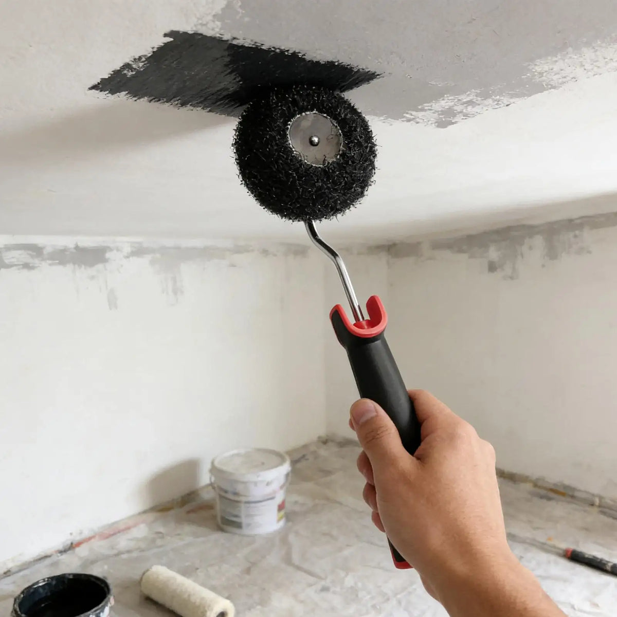 Eine Hand benutzt einen schwarzen Lackierpinsel, um Farbe auf eine weiße Wand aufzutragen.