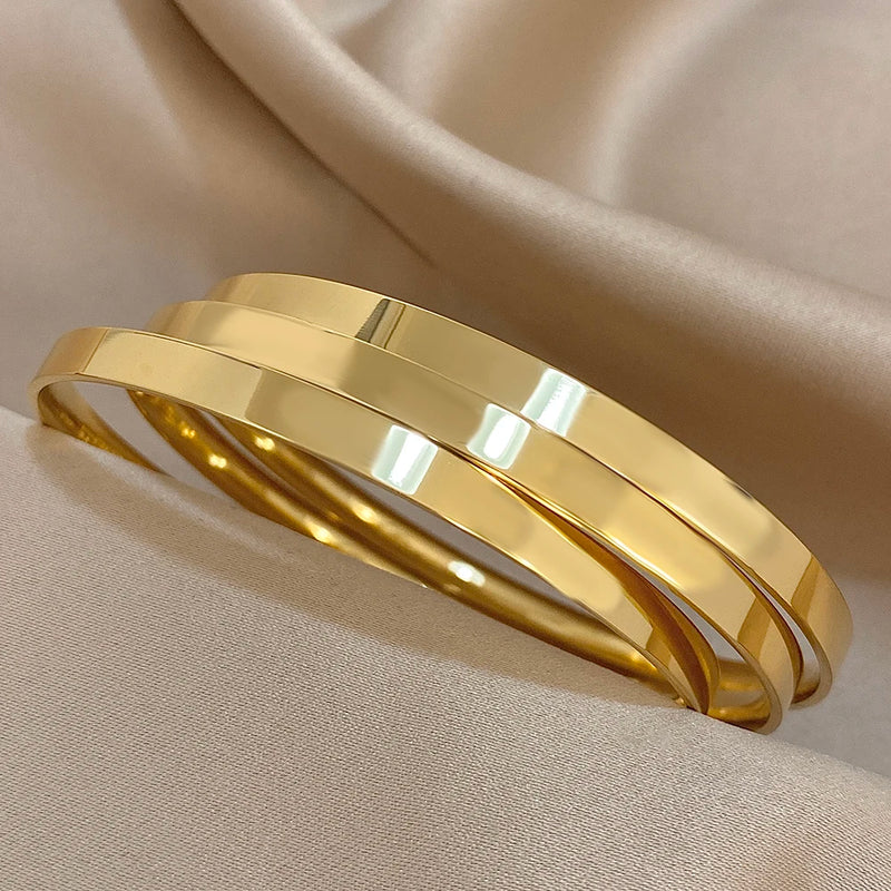 Glossy Gold-Plated Stainless Steel Bangle Bracelets