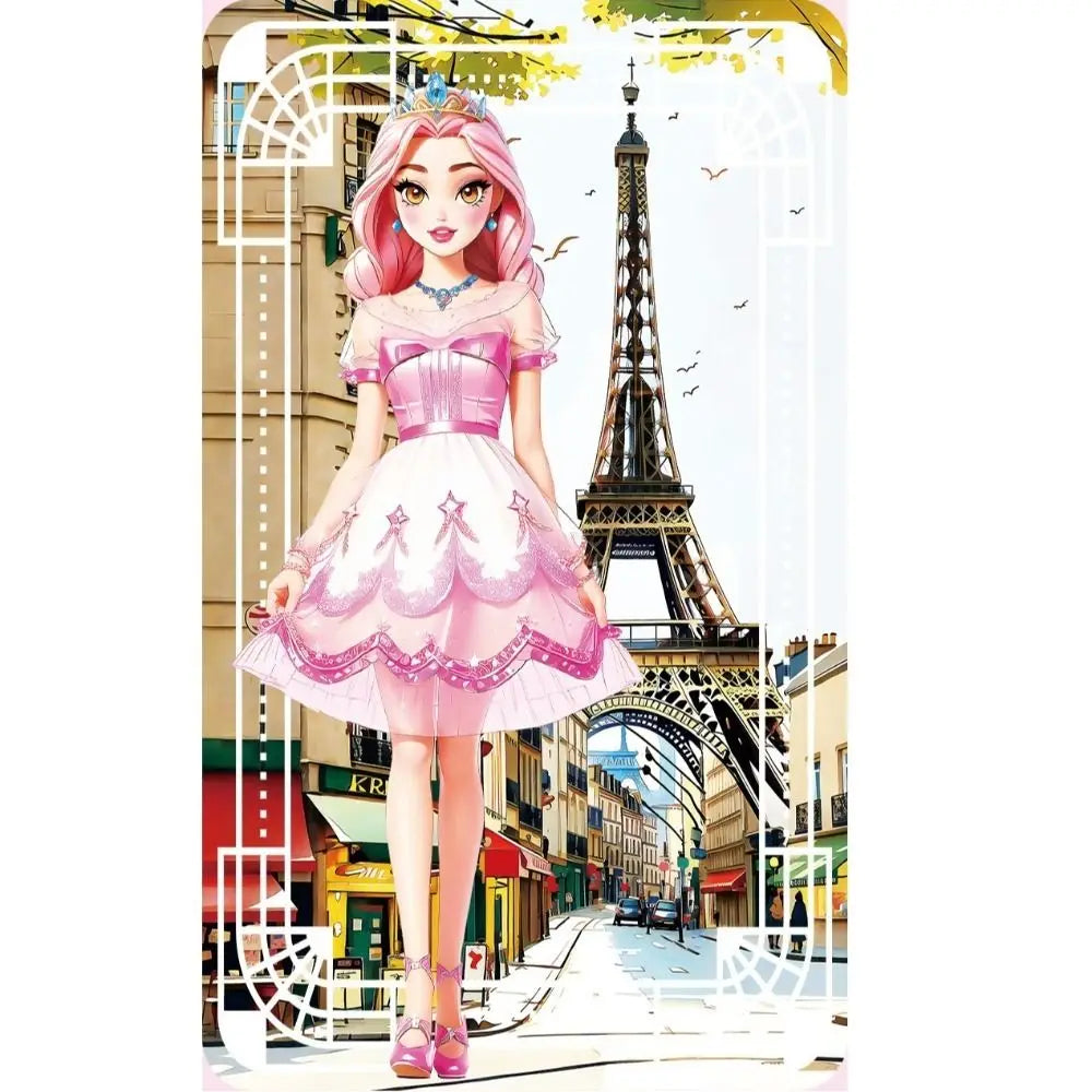A young girl dressed as a princess wearing a pink dress and crown in front of the Eiffel Tower.
