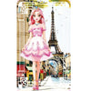 A young girl dressed as a princess wearing a pink dress and tiara in front of the Eiffel Tower.
