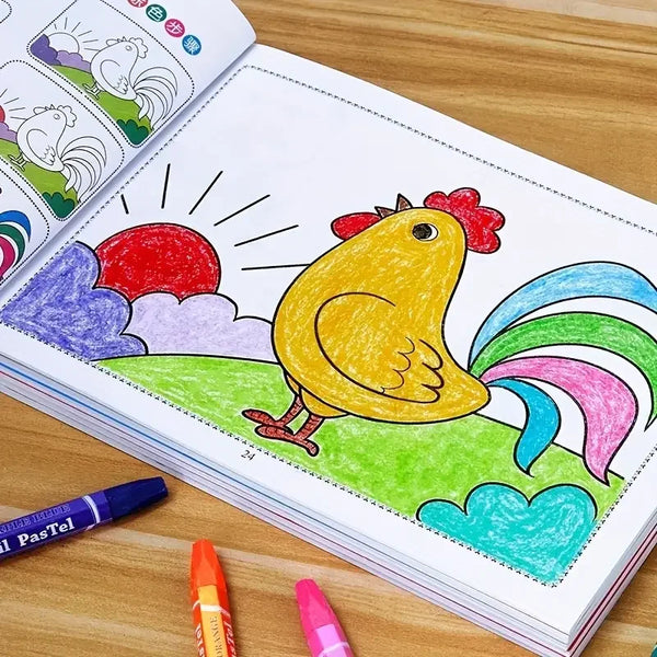 A page from a kids coloring book featuring a yellow chicken with a red comb and a rainbow background.
