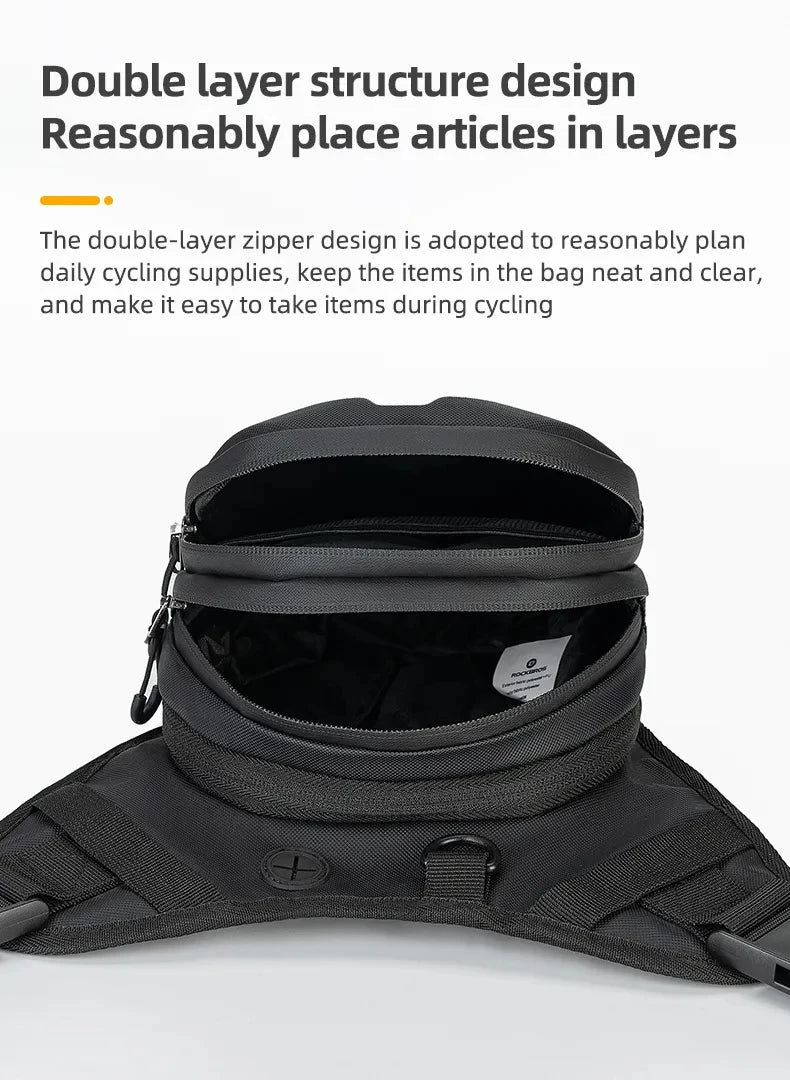 Black waterproof motorcycle hip pack featuring a double-layer zipper design for organized storage.