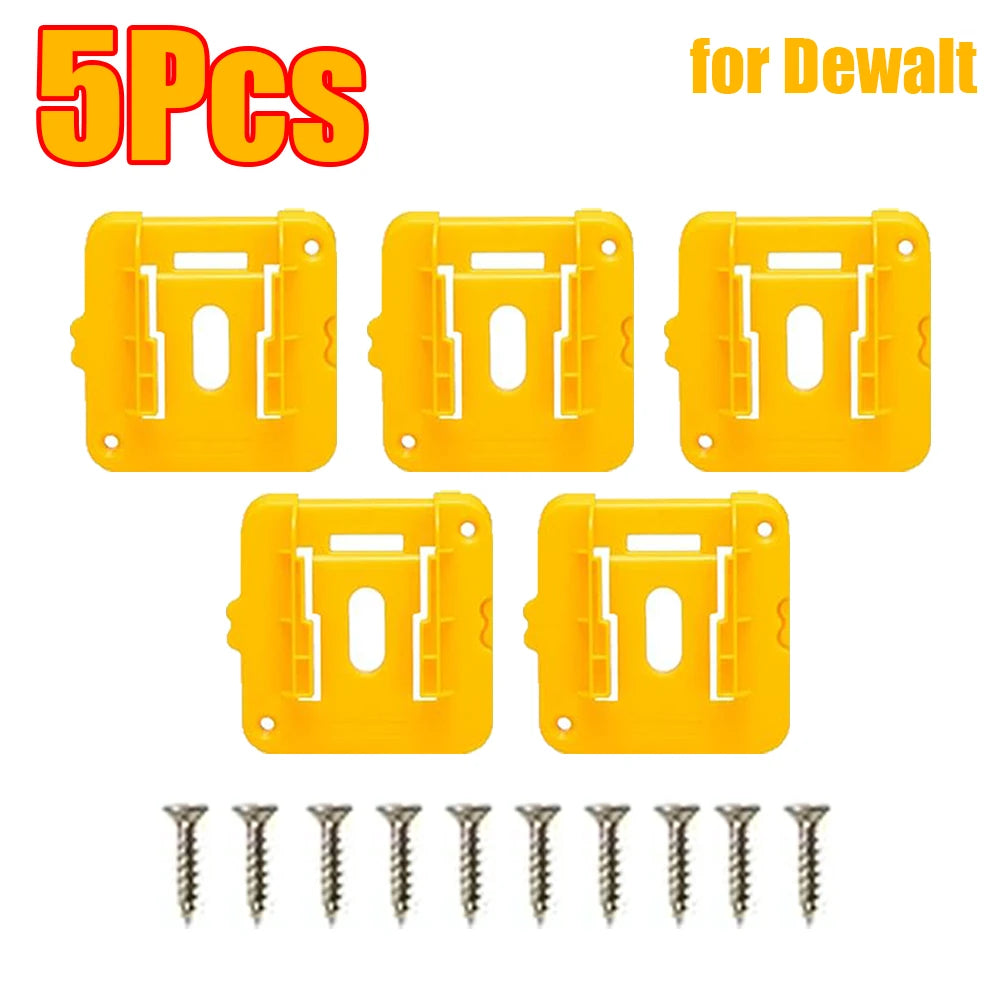 Five yellow plastic battery holders and screws for Dewalt power tools