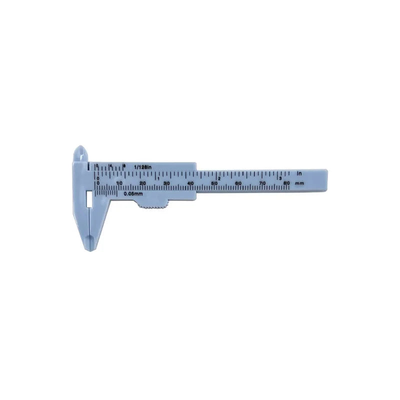 A light blue plastic vernier caliper tool used for measuring inside, outside, depth, and step dimensions.