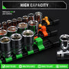 A black socket organizer rail set holding up to 258 sockets, featuring multiple drive sizes and a durable design.