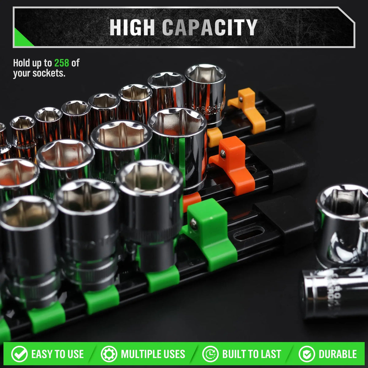 A black socket organizer rail set holding up to 258 sockets, featuring multiple drive sizes and a durable design.