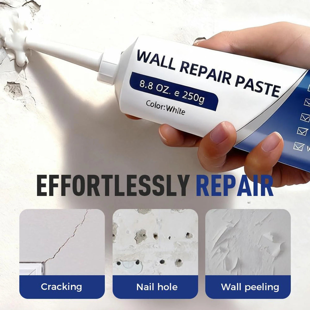A hand holds a white tube of Wall Repair Paste, demonstrating its use for repairing cracks, nail holes, and wall peeling.