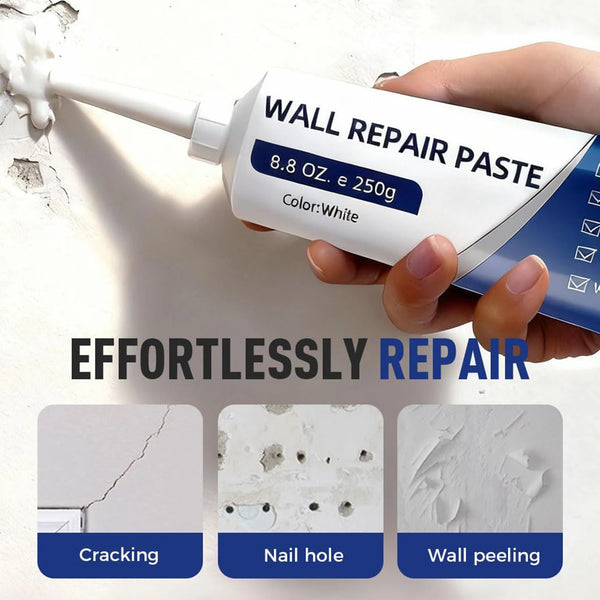 A hand holds a white tube of Wall Repair Paste, demonstrating its use for repairing cracks, nail holes, and wall peeling.