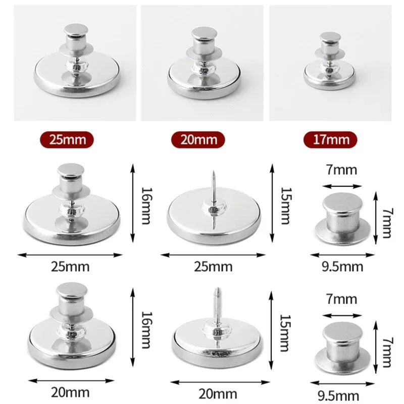 Set of magnetic curtain clips with detachable button fasteners shown in various sizes and angles.