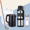 A set of bucket cleaning tools including a mop, a stainless steel pitcher, and a vacuum insulated carafe.