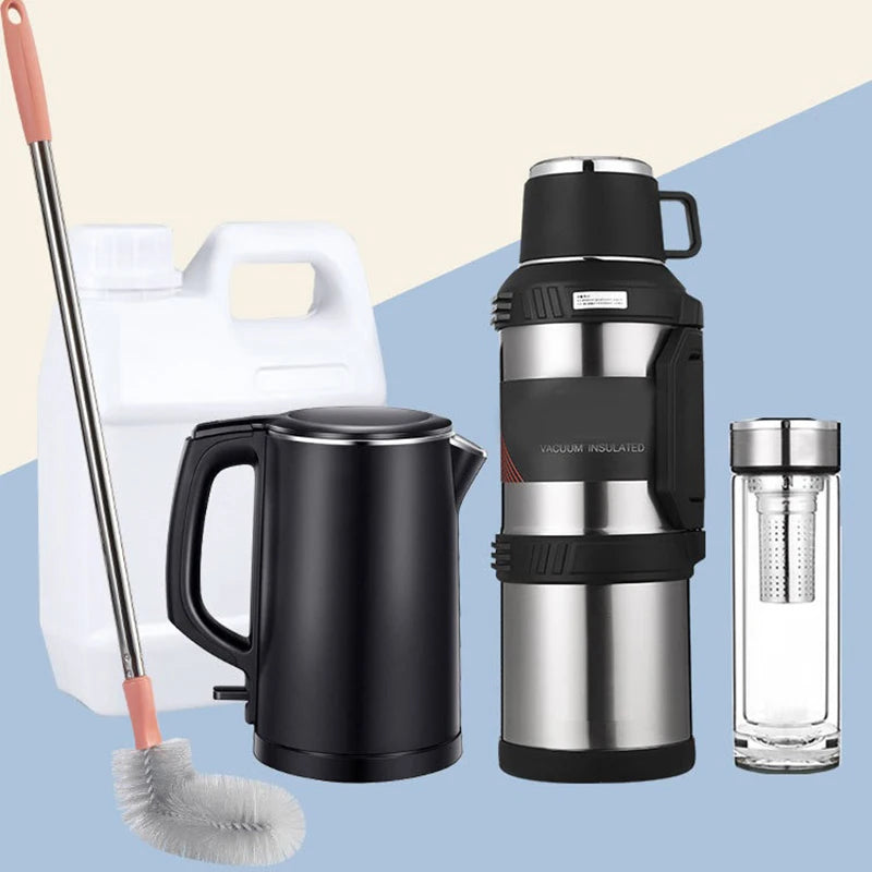 A set of bucket cleaning tools including a mop, a stainless steel pitcher, and a vacuum insulated carafe.