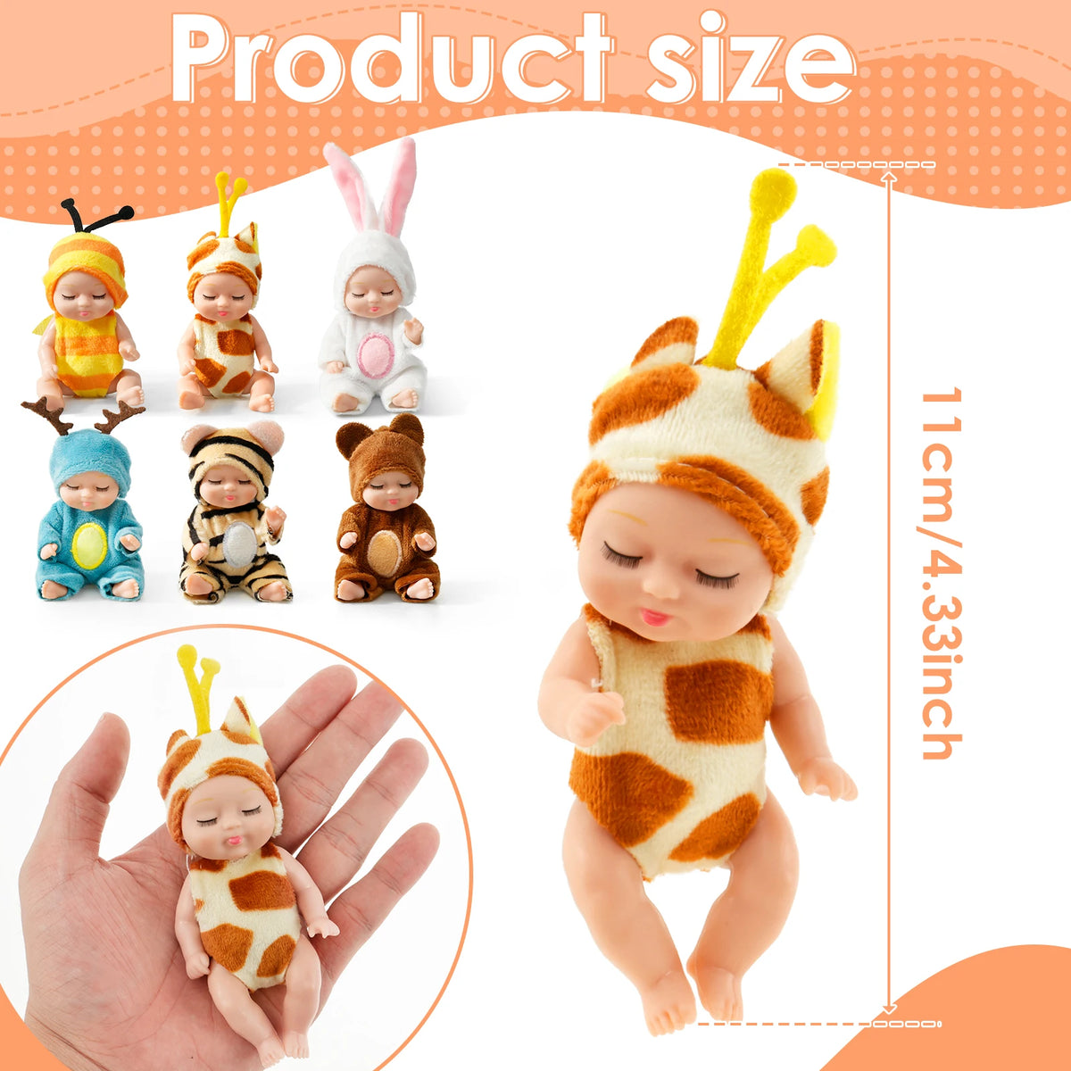 A collection of mini reborn baby dolls with various outfits and accessories shown in different poses and sizes.